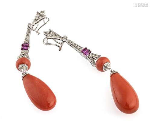 BEAUTIFUL WHITE GOLD EARRINGS WITH PINK CORALS, DIAMONDS AND...