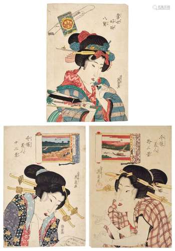 Keisai Eisen (1790–1848) | Three woodblock prints depicting ...