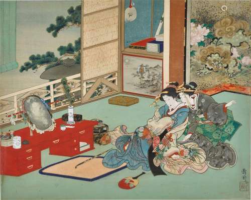 Toyohara Kunichika (1835-1900) | Two women before a mirror |...