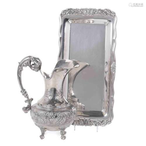 VICTORIAN STYLE SILVER WATER JUG AND TRAY, MID 20TH CENTURY.