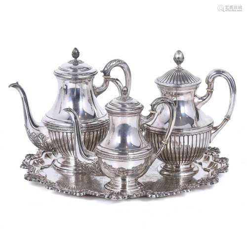 SET OF THREE EDWARDIAN STYLE TEAPOTS AND A TRAY, 20TH CENTUR...