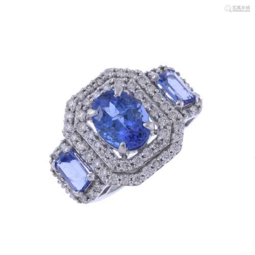 LARGE ART DECO STYLE RING WITH DIAMONDS AND TANZANITE.