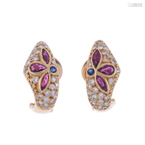 DIAMONDS, RUBIES AND SAPPHIRES FLORAL EARRINGS.