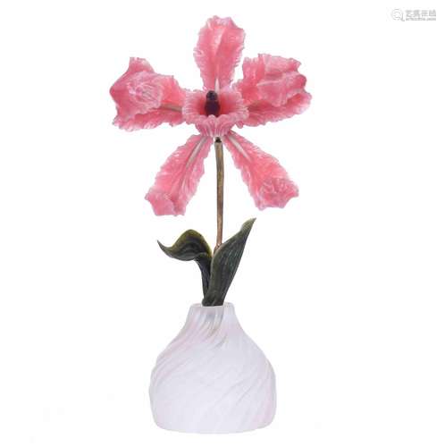 RHODOCHROSITE ORCHID WITH FABERGÉ STYLE VASE IN MATT ROCK CR...