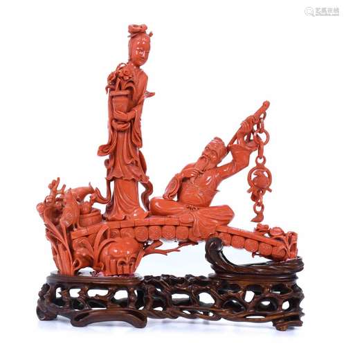 EARLY 20TH CENTURY CHINESE SCHOOL. CORAL CARVING "GEISH...