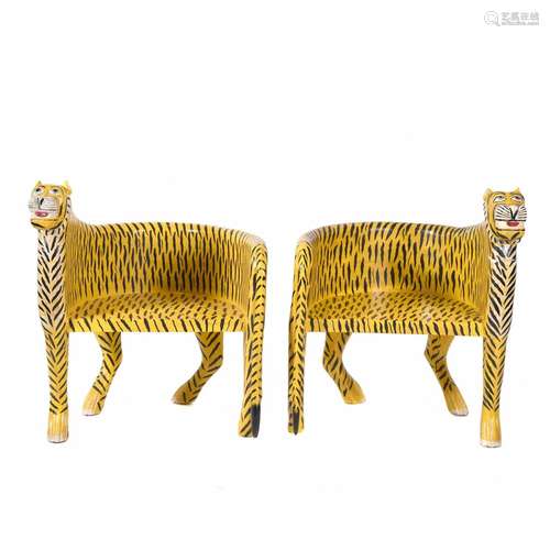 PAIR OF "TIGER BENCH" ARMCHAIRS, 20TH CENTURY.