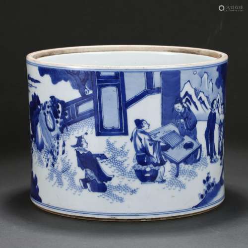 A BLUE AND WHITE 'SCHOLARS' BRUSHPOT