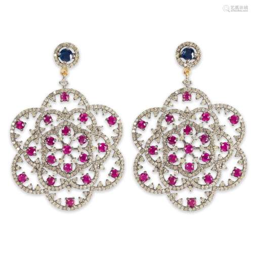 A pair of ruby, diamond and sapphire earrings