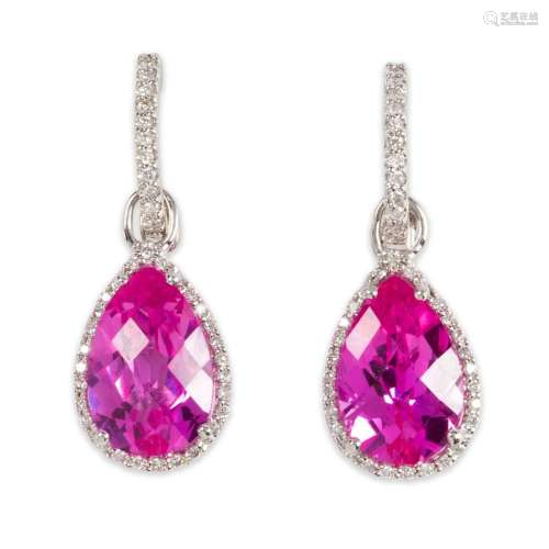 A pair of synthetic pink sapphire, diamond and eighteen kara...