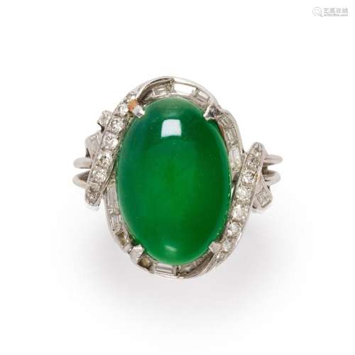 A jadeite "A" jade, diamond and platinum ring