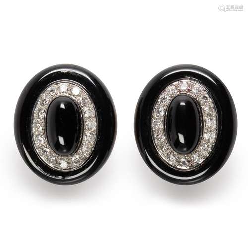 A pair of black chalcedony, diamond and fourteen karat gold ...