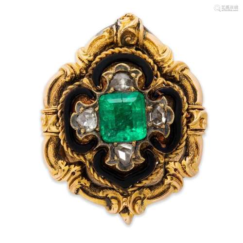 A Colombian emerald, diamond and fourteen karat gold ring