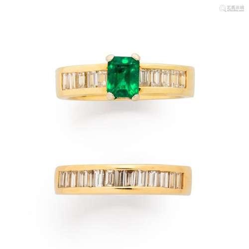 An emerald, diamond and eighteen karat gold wedding ring set