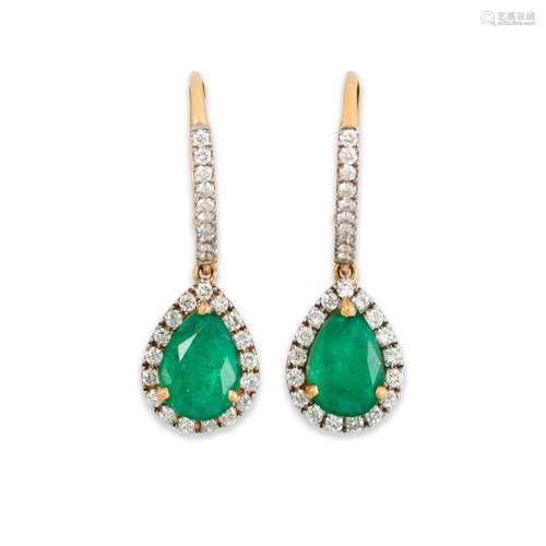 A pair of emerald, diamond and eighteen karat gold earrings