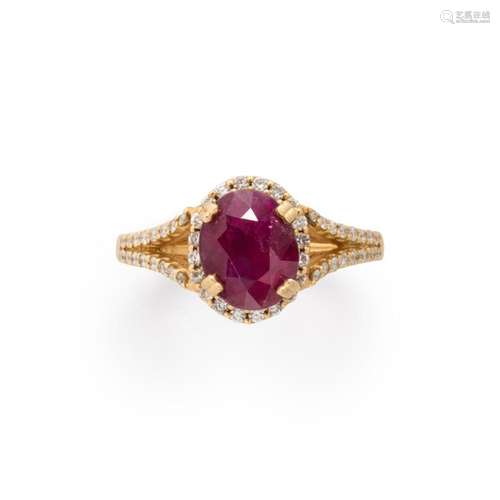 A Burma unheated ruby, diamond and fourteen karat gold ring