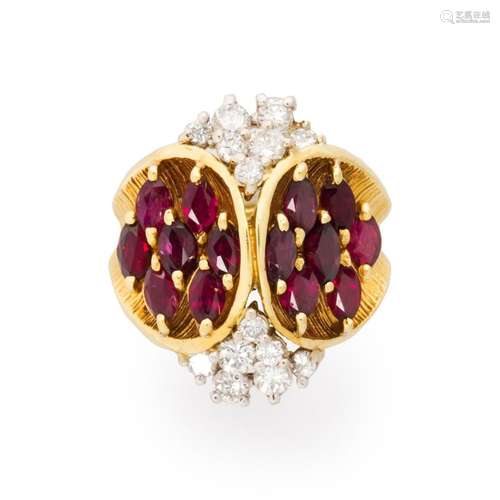 A ruby, diamond and eighteen karat gold ring