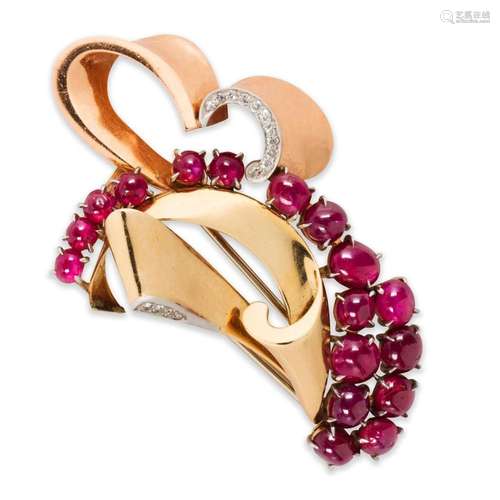 A ruby, diamond and fourteen karat tri-color gold clip brooc...