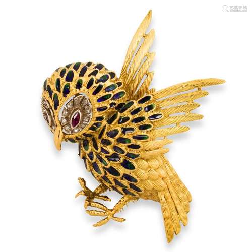 A gemstone, enamel and eighteen karat gold brooch