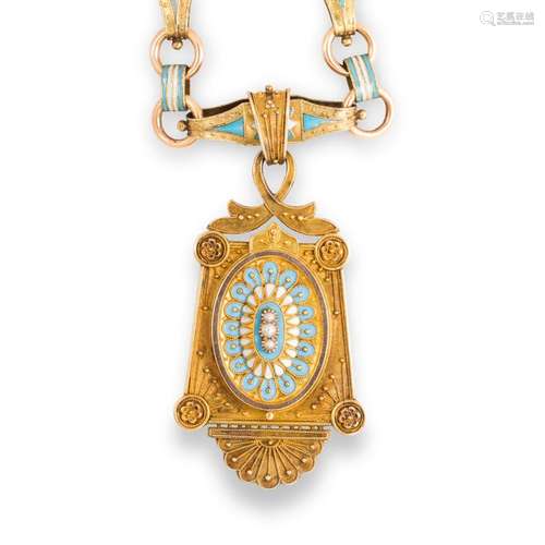 A Victorian enamel and fourteen karat gold pendant necklace