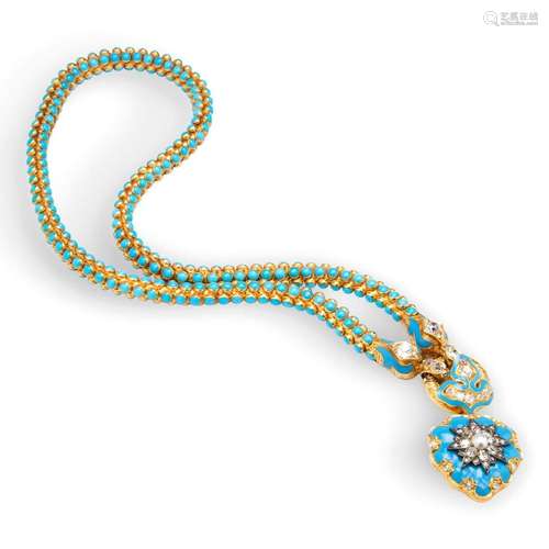 A Victorian turquoise, diamond and pearl pendant necklace