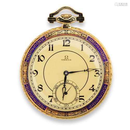 An enameled fourteen karat gold pocket watch, Omega