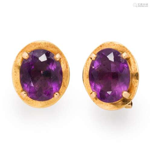 A pair of amethyst and fourteen karat gold earrings