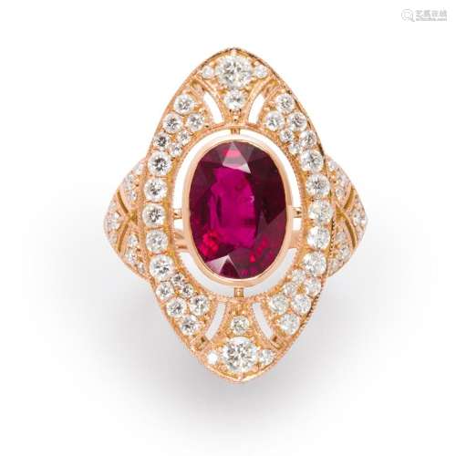 A rubellite, diamond and eighteen karat rose gold ring