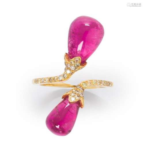A pair of rubellite, diamond and eighteen karat gold ring
