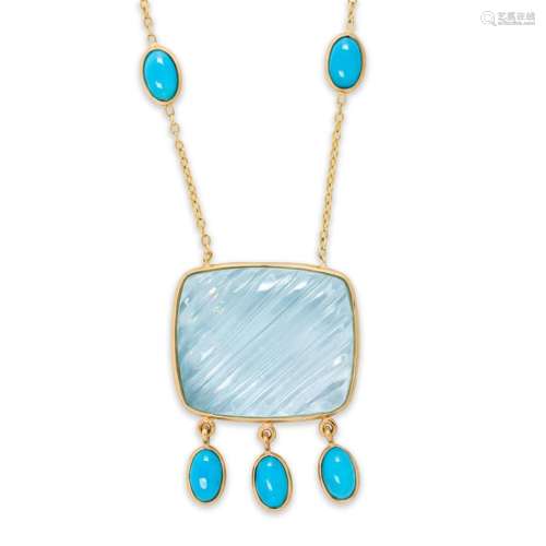 An aquamarine, turquoise and fourteen karat gold necklace