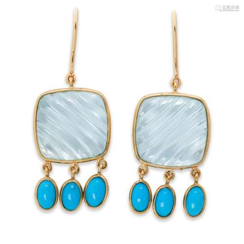 A pair of aquamarine, turquoise and eighteen karat gold earr...