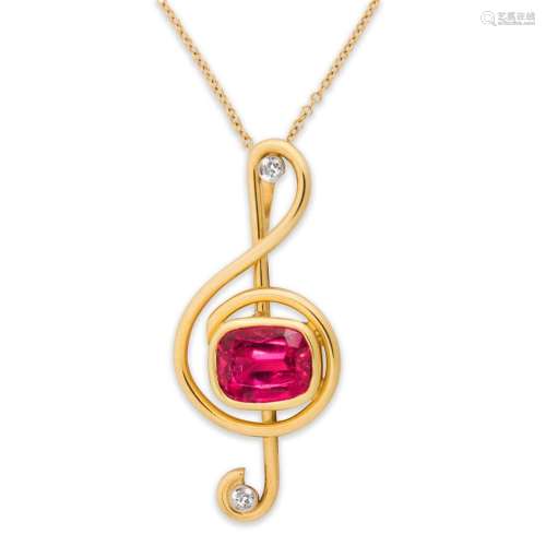 A rubellite, diamond and eighteen karat gold pendant necklac...