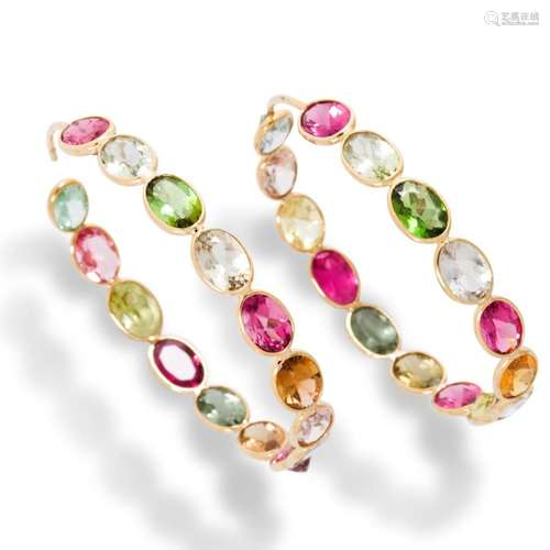 A pair of multi-hued tourmaline and eighteen karat gold earr...