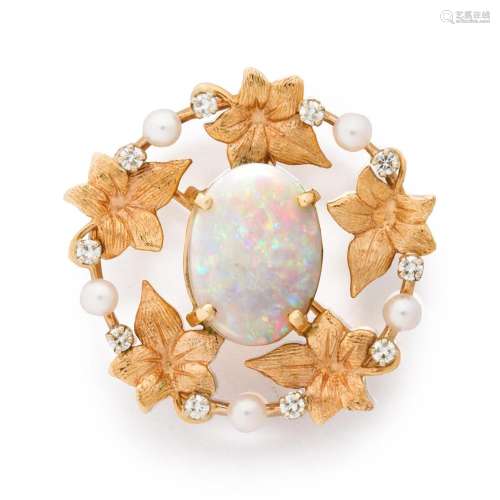 An opal, seed pearl, and fourteen karat gold brooch