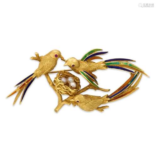 A gemstone and eighteen karat gold brooch