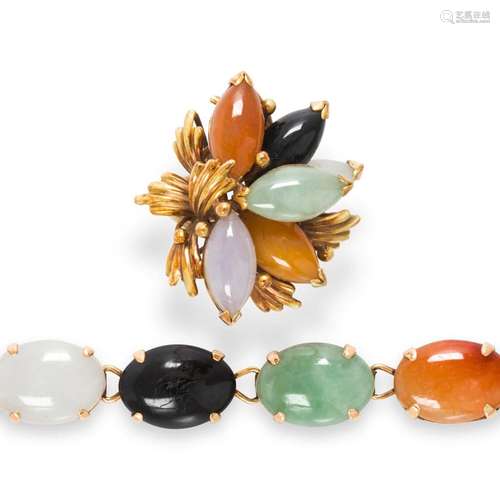 A group of multi-color jade and fourteen karat gold jewelry