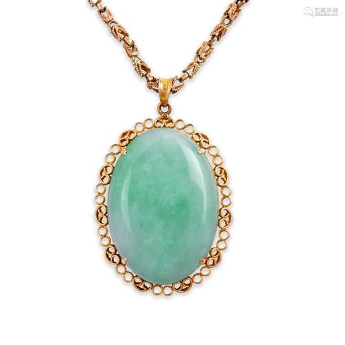 A jadeite and fourteen karat gold pendant necklace