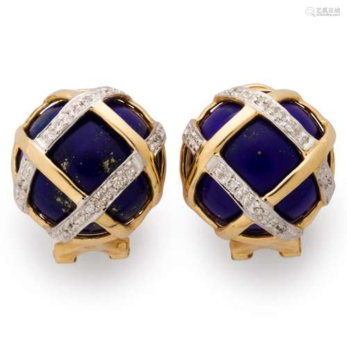 A pair of diamond, lapis lazuli and fourteen karat gold earr...