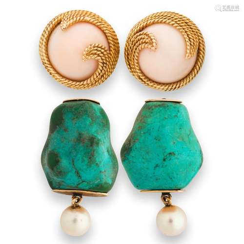 A group of turquoise, coral and fourteen karat gold earclips