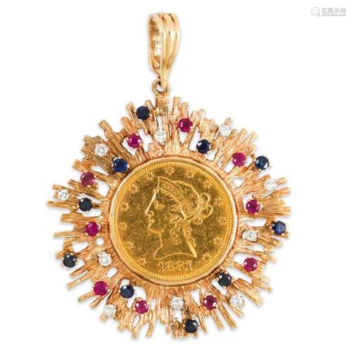 A gold coin, gemstone and gold pendant