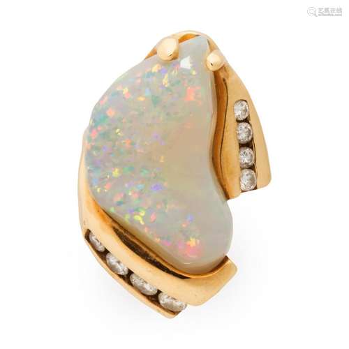 An opal, diamond and fourteen karat gold ring