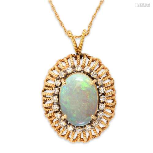 An opal, diamond and fourteen karat gold necklace