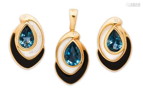 A gemstone and fourteen karat gold pendant, earring suite