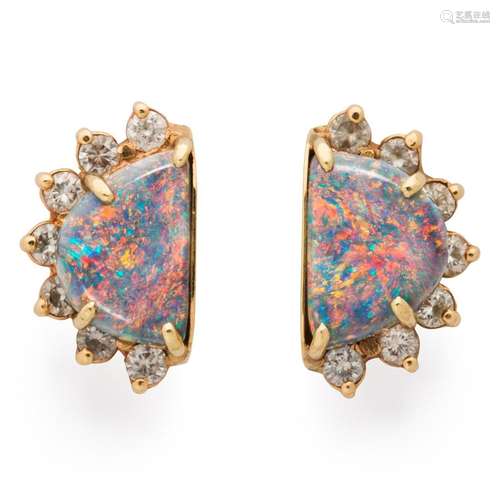 A pair of black opal, diamond and fourteen karat gold earrin...