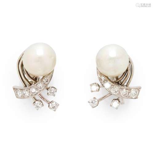 A pair of pearl, diamond and platinum earrings, Trabert &...