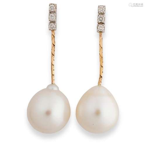 A pair of South Sea pearl, diamond and fourteen karat gold e...