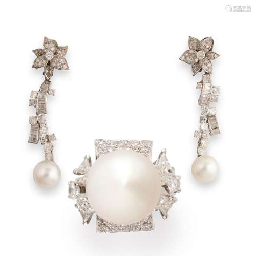 A pair of cultured pearl, diamond and fourteen karat white g...