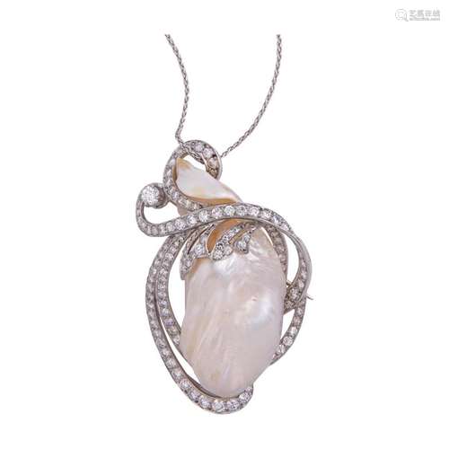 A natural pearl and diamond pendant necklace