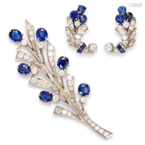 A pair of sapphire, diamond and palladium earrings and brooc...