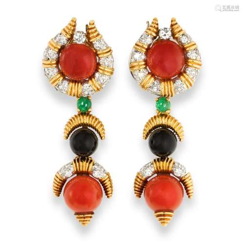 A pair of coral, onyx, emerald and diamond pendant earrings,...