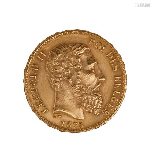 Belgium - 20 Francs 1875, Leopold II, GOLD,